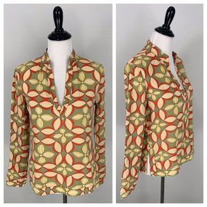 TORY BURCH Green Multicolor Red Yellow Floral V-Neck Long sleeve Blouse Top Sz 6
